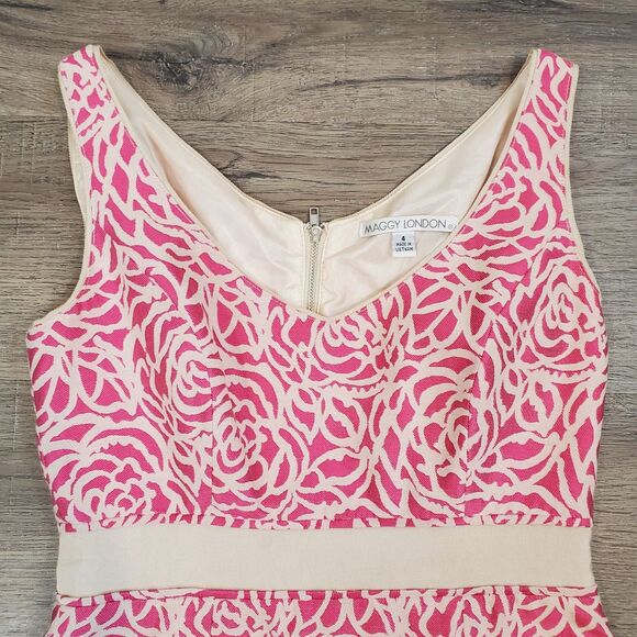 Maggy London Pink Floral Empire Waist Sheath Dress 4 Preppy Career Party Barbie - Picture 3 of 13